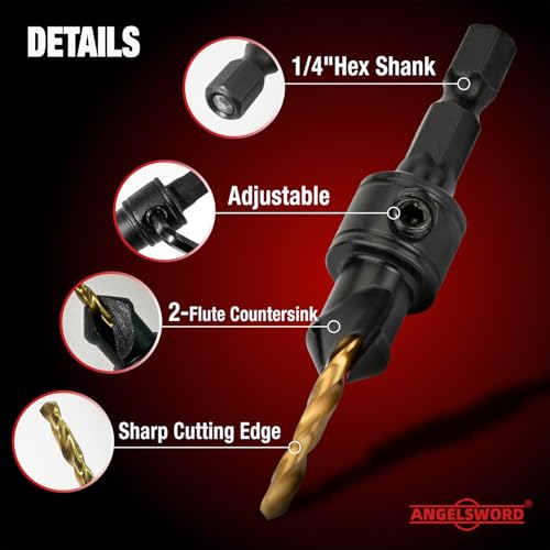 ANGELSWORD Countersink Drill Bit Set, 13 PCS Counter Sink Drill Bit Adjustable, #4, #6, #8, #10, #12, Extra 5pc Replaceable Drill Bits