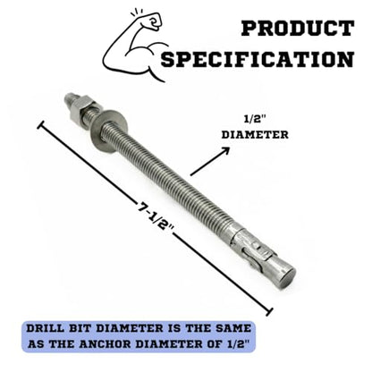 Mighty Fasteners 304 Stainless Steel Wedge Anchors 1/2" X 7-1/2" - 5 Pack - size: 1/2" X 7-1/2"