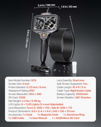VEVOR 360° Borescope with Innovative 360° Motorized Rotation Probe, 5" 16.4FT Endoscope Inspection Camera, 1080P HD Rigid Snake Scope Cam for Wall Automotive Engine Inspect - size: 5" - 16.4 ft Length