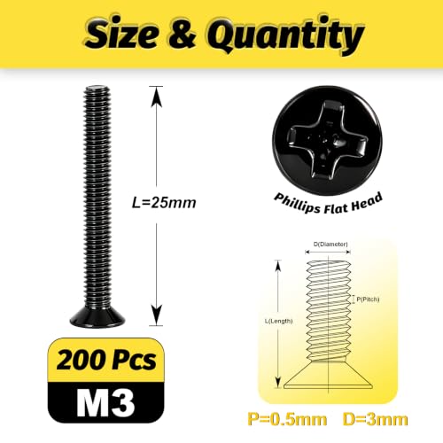 KADRICK M3 x 25mm Countersunk Screws, 200PCS, M3 Flat Head Screws - size: M3x25mm 200PCS