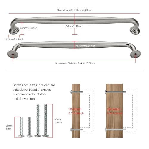 TUNNY 5 Pack Cabinet Handles-8.81"/224mm Screw Spacing Brushed Nickel Furniture Hardware Handles for Kitchen Cabinets Bedroom Dresser Wardrobe Cabinet Pulls - color: Brushed Nickel, size: 8.81"(224mm)Hole Center-5Pcs