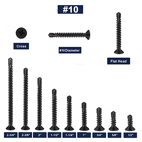 #10 x 1-1/4" Sheet Metal Screws 100Pcs 410 Stainless Steel Flat Head Fast Self Tapping Screws Black Oxide by SG TZH - size: #10 x 1-1/4"