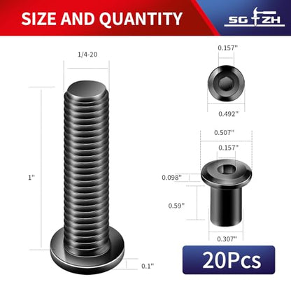 1/4-20 x 1 Inch 20Pcs Flat Head Hex Socket Cap Screws Bolts Barrel Nuts Kit, 304 Stainless Steel 18-8, Full Thread, Black Oxide by SG TZH (with Hex Spanner) - color: Black, size: 1/4-20 x 1"
