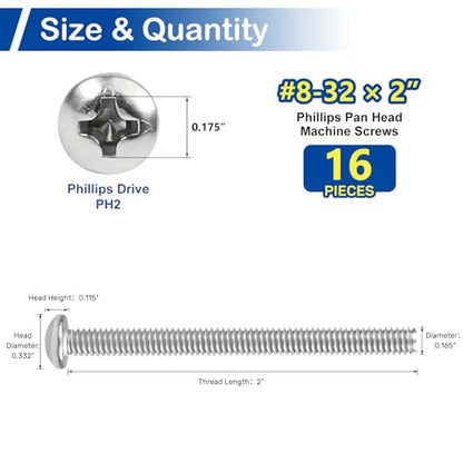 16 Sets #8-32 x 2 Pan Head Machine Screws Nuts Washers Assortment Kit - size: #8-32 x 2"