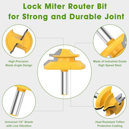 Pynsseu 45 Degree Lock Miter Router Bit 3 Piece Joint Router Bit Set, 1/2 Inch Shank Router Bits for Woodworking, Wood Milling Cutter to Create Lock Miter Joint 1/2", 5/8", 3/4" Cutting Height - size: 1/2 Shank