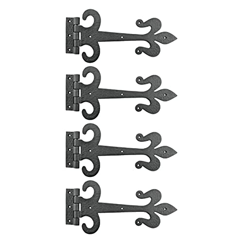 Renovators Supply Manufacturing Strap Hinge 12 in. Black Wrought Iron Fleur De Lis Style Flush Mount Heavy Duty Strap Gate and Door Hinges with Hardware Pack of 4 - size: Pack of 4