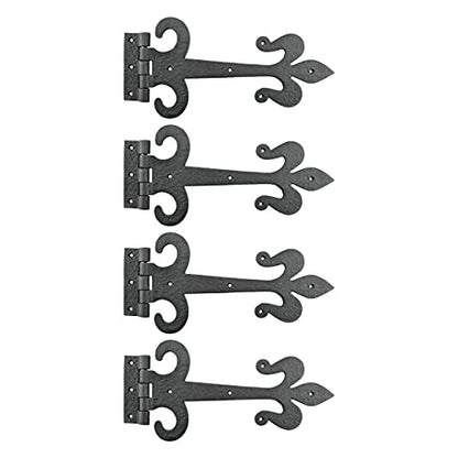 Renovators Supply Manufacturing Strap Hinge 12 in. Black Wrought Iron Fleur De Lis Style Flush Mount Heavy Duty Strap Gate and Door Hinges with Hardware Pack of 4 - size: Pack of 4