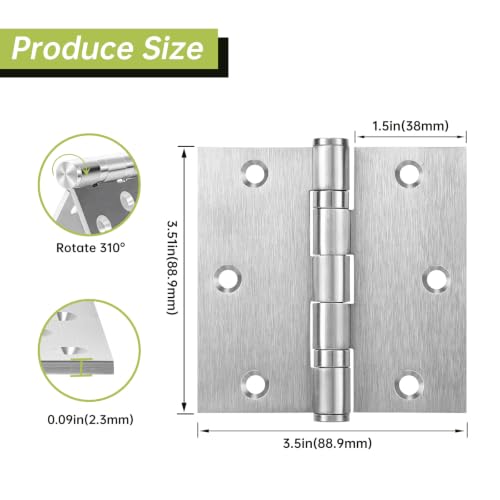 3 Pack Door Hinges 3.5 x 3.5 Inches, Heavy Duty Stainless Steel Ball Bearing Hinges with Screws, Non Removable Pin, Brushed Nickel, Smooth and Quiet - size: 3.5x3.5inch - 3 Pack