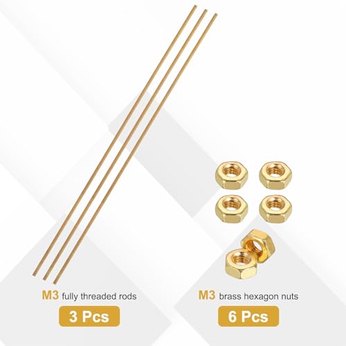 uxcell 3 Sets Brass Fully Threaded Rod, M3x0.5mm Pitch Right Hand Threads Studs with Solid Brass Hex Nuts, 250mm/10 Long Threaded Screw Rods Fasteners for Anchors Bolts Hangers Clamps - size: M3x0.5mmx250mm