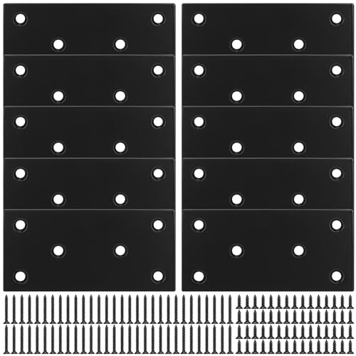 Mending Plate, Black Metal Flat Straight Brace Bracket, Double-Wide Metal Plate, Joining Plate for Wood Furniture Fence Fastening with Screws in 2 Different Lengths (48x100mm, 10 Pack) - size: 1.9"×3.9"/48*100mm