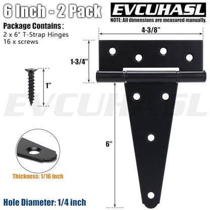 6 Inch T-Strap Gate Hinges, Shed Barn Door Hinges Heavy Duty, Black Tee Hinges for Wooden Fences, Yard Gate, Wrought Hardware Iron Rustproof (2 Pack/Set) - size: 6 Inch