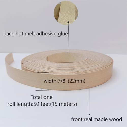 Maple Wood Veneer Edge Banding Tape,7/8 inch ×50ft Preglued Iron On Wood Veneer,Backed with Hot Melt Self Adhesive Strips,Plywood Edgebanding Roll for Shelf Desk Door Edging Restoration - size: 7/8" x50'