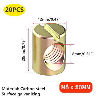 Qrity 20 PCS M8 Barrel Nuts M8x20mm Furniture Barrel Nuts, Cross Dowels Slotted Nuts for Furniture Beds Crib and Chairs - size: M8x20mm