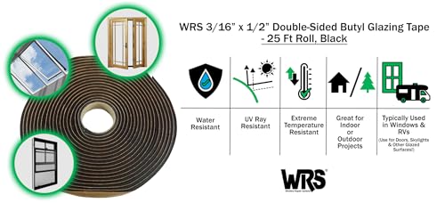 WRS 3/16" x 1/2" Double Sided Butyl Tape, Black, 25 Ft, for Weatherproofing - color: 3/16" x 1/2" - 25 Ft Roll, Black