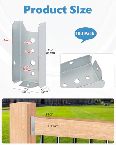 100 Pack 2x4 Fence Brackets for Wood Rail, 18 Gauge