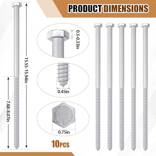 20 Pcs 1/2-inch x 16 Inch Hex Lag Screws, Hot Dip Galvanized