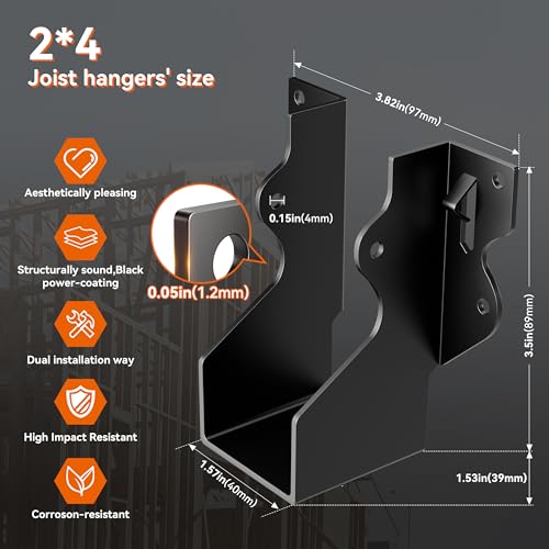 20 Pcs 2x4 Joist Hangers Black,18 Gauge Face Mount Joist Hangers 2x4 Deck, Rafter Brackets/Hanger, Hurricane Ties Brackets for Shed/Barn/Coop/Porch/Fence, Structurally Sound and Aesthetically Pleasing - size: 20 Pcs 2x4, style: Black Joist Hanger