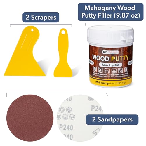 Bates- Wood Filler Putty Repair Kit, 9.87 Ounce, 2 Scrapers, 2 Sandpapers, Mahogany Wood Putty Filler Paintable & Stainable for Cracks, Holes and Defects in Wooden Furniture - color: Pink