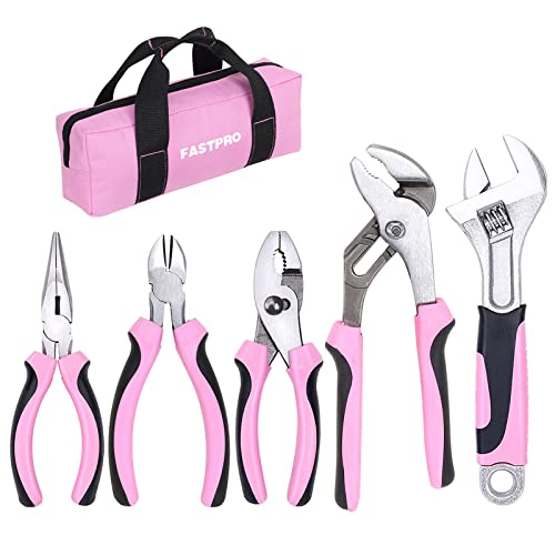 FASTPRO 5-Piece Pink Pliers and Wrench Set with Storage Bag - color: Pink