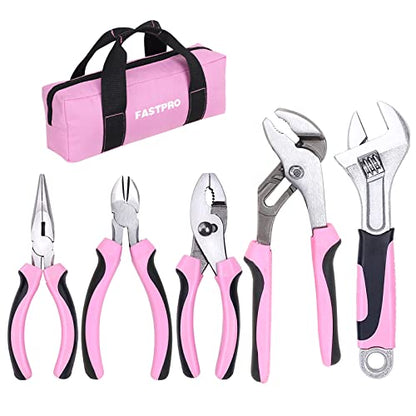 FASTPRO 5-Piece Pink Pliers and Wrench Set with Storage Bag - color: Pink
