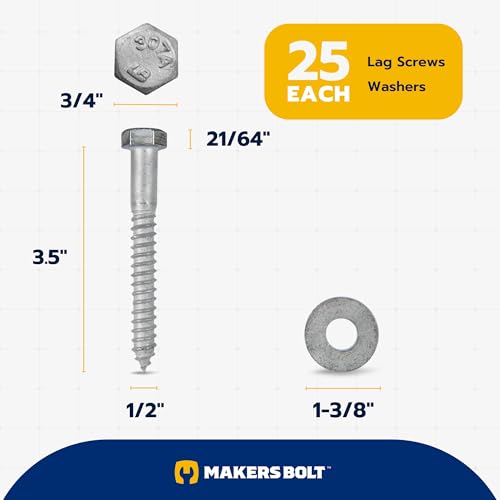 1/2 x 3-1/2 (25 Pack) Lag Screw Kit, 25 Screws and 25 washers, Hot Dip Galvanized, Meets ASME B18.2.1 Industrial/Commercial Grade by Makers Bolt - size: 1/2 x 3-1/2