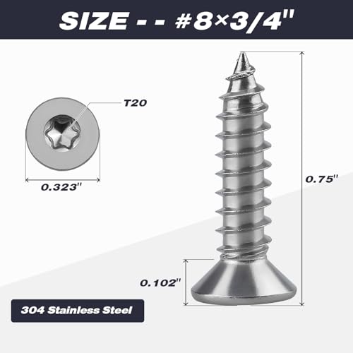 #8 x 3/4" Torx Flat Head Sheet Metal Screws, 304 Stainless Steel Countersunk Head Self Tapping Screws, Pack of 100 with Torx Bit - size: #8 x 3/4