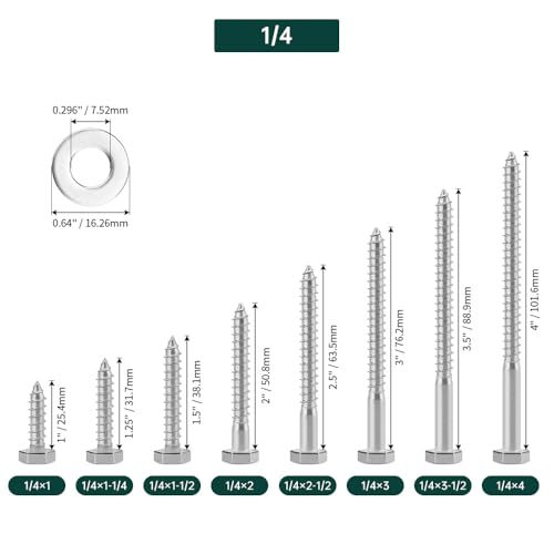 1/4 x 1 Hex Head Lag Screws Bolts with Flat Washers (20 Sets), 304 Stainless Steel 18/8, Full Thread, Deck Screws, Heavy Duty Hex Head Wood Lag Screws, Fayeploo - size: 1/4 x 1"