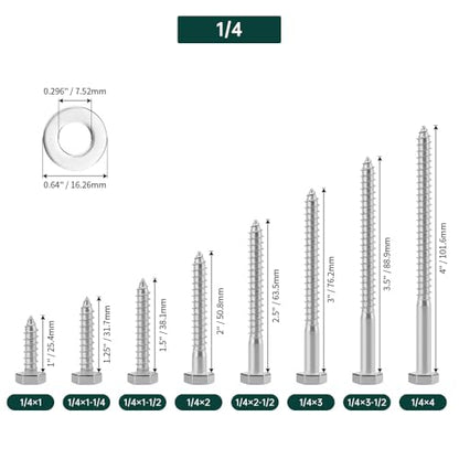 1/4 x 1 Hex Head Lag Screws Bolts with Flat Washers (20 Sets), 304 Stainless Steel 18/8, Full Thread, Deck Screws, Heavy Duty Hex Head Wood Lag Screws, Fayeploo - size: 1/4 x 1"