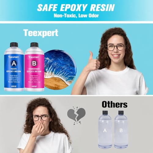 Teexpert Epoxy Resin Crystal Clear: 64OZ Epoxy Resin kit Fast Curing Heat Resistant for Casting Coating Art DIY Craft Jewelry Wood Table Top Flower Preservation- 2 Part(32OZ Resin and 32OZ Hardener) - size: 64 oz