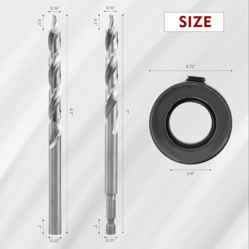 RENYU 2pcs 3/8" Pocket Hole Drill Bit, 1/4" Hex Shank, Depth Stop