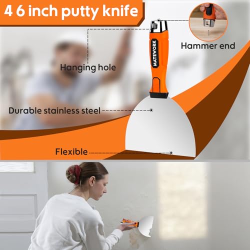 Matework 8Pcs Drywall Tools & Putty Knife Set with Hammer End, Mud Pan - color: 8 Pc