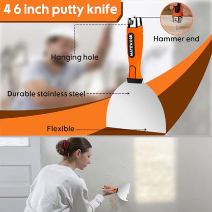 Matework 8Pcs Drywall Tools & Putty Knife Set with Hammer End, Mud Pan - color: 8 Pc