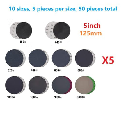 Wet Dry Sanding Discs 50 PCS 5 inch Sandpaper Set 100, 240, 320, 400, 600, 800, 1000, 1500, 2000, 3000 Grit, Hook and Loop Sandpaper 125mm for Metal Wood Paint Auto Polishing