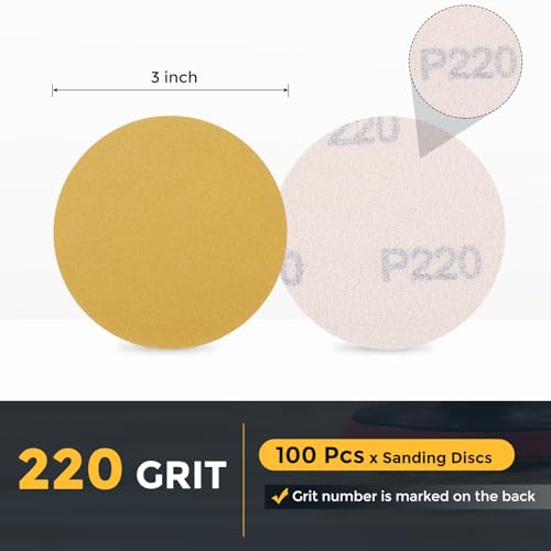 HARFINGTON 100 Pcs 3 Inch Sanding Discs 220 Grit Yellow Aluminum Oxide - size: 3 Inch(220 Grit)