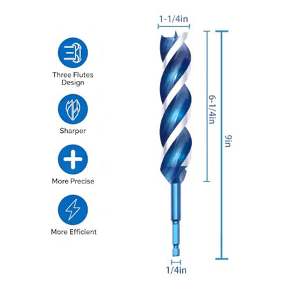 Auger Wood Drill Bit 1-1/4" x 9" x 1 Pack, Tri-Flute, 1/4 Inch Quick Change Hex Shank - size: 1-1/4" x 9" x 1Pcs
