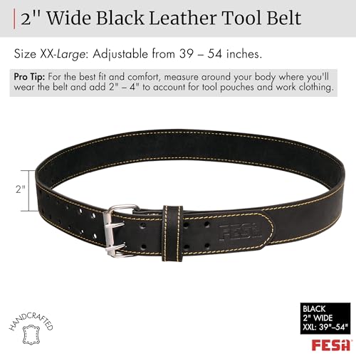 FESA Men's Leather Tool Belt - Handcrafted Top Grain Leather Tool Pouch Belt for Carpenters & Other Trade Professionals - color: Black - 2" Wide - Xxl
