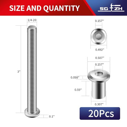 1/4-20 x 3 Inch 20Pcs Flat Head Hex Socket Cap Screws Bolts Barrel Nuts Kit, 304 Stainless Steel 18-8, Full Thread by SG TZH (with Hex Spanner) - color: Silver, size: 1/4-20 x 3"