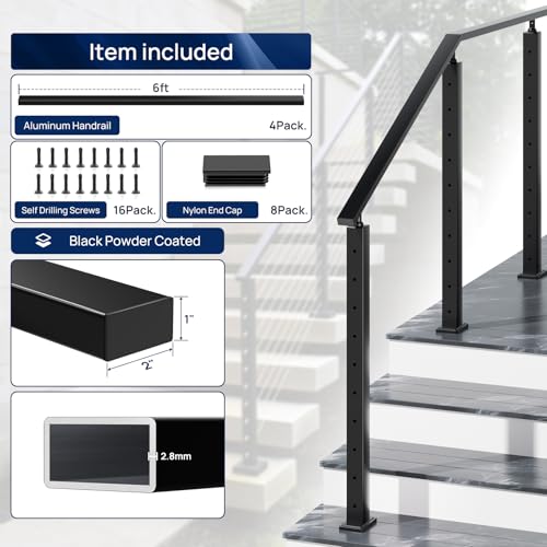 6FTx 2"x1" Aluminum Black Handrail with Self Drilling Screw Nylon End Caps - size: 6 Feet