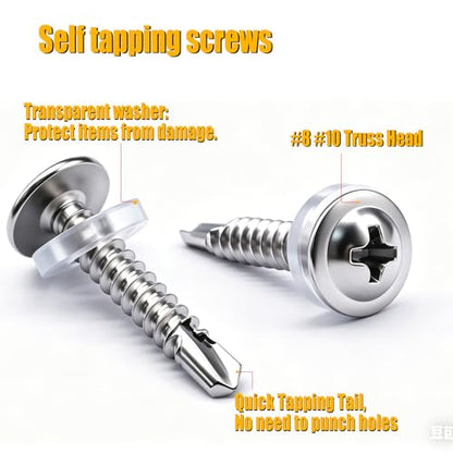 weideer 1220pcs #8#10 Self Tapping Screws for Metal,410 Stainless Steel Sheet Metal Screws Assortment Kit, Truss Head Quick Tapping Self Drilling Screw with Rubber Washer (610 Sets) - size: SV 1220PCS #8#10 Kit