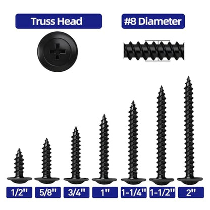 #8 x 5/8" Truss Head Fast Self Tapping Screws, Alloy Steel Wood Screws, Black Finish, Full Thread, Screwdriver Bit Included, 100 PCS - color: Black, size: #8 x 5/8"