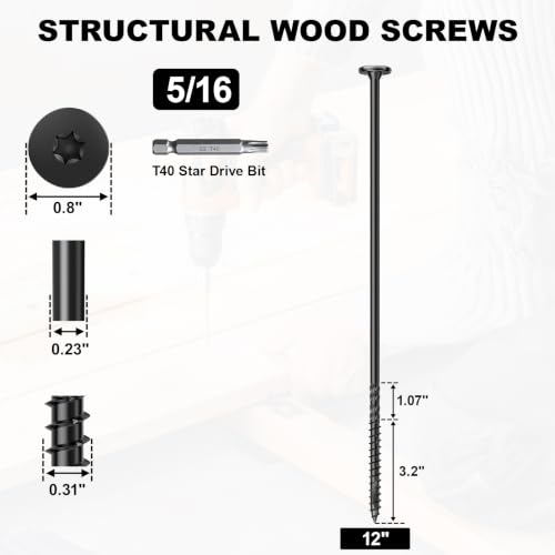 5/16" Heavy-Duty Wood Screws (12 Inch,100Pcs,Black) - color: Black, size: 5/16" x 12"
