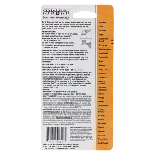 Gorilla 100% Silicone Caulk, Waterproof Sealant, 2.8oz Squeeze Tube, 2-Pack - color: White, size: 2 - Pack
