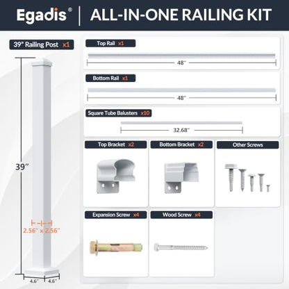 Egadis 1 Pack 36 in x 4 ft Modular Aluminum Deck Railing Kit, White - color: Level 4ft- 1post 1panel