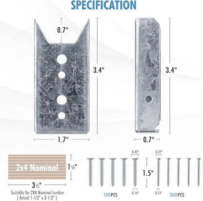 LukLoy 60 Pack 2x4 Brackets for Wood Rail, Fence Brackets Repair Kit Galvanized, Deck Railing Bracket Connectors for 2"×4"(Actually 1.5"x3.5") Wood Post, Includes 420PCS 304 Stainless Steel Screws - style: Galvanized-60
