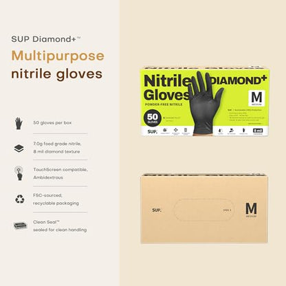 SUPER+ HEAVY DUTY Nitrile Gloves 8 Mil Diamond Texture Disposable Chemical Resistant Powder &Latex Free Food Safe Black 50 Ct - color: Medium (Iron-grey)