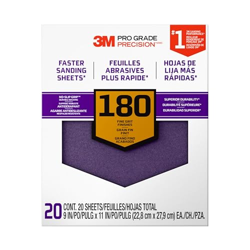 3M Pro Grade Precision Faster Sanding Sheets, 180 Grit, 11 x 9 in (20 Pack) - size: 1-Pack (20 Sheets)