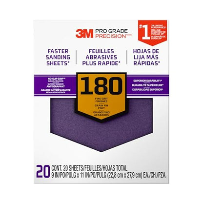 3M Pro Grade Precision Faster Sanding Sheets, 180 Grit, 11 x 9 in (20 Pack) - size: 1-Pack (20 Sheets)