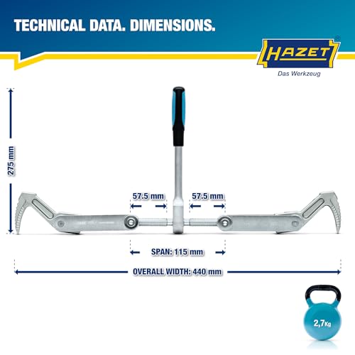 HAZET Beam Puller 1774-1, Forged for Heavy Duty, Clamping Stroke: 4.53", Total Width: 17.32", Ratchet Length: 10.83", Trapezoidal Thread TR 16 X 5, For Clamping, Pulling - style: With hooks