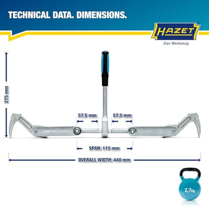 HAZET Beam Puller 1774-1, Forged for Heavy Duty, Clamping Stroke: 4.53", Total Width: 17.32", Ratchet Length: 10.83", Trapezoidal Thread TR 16 X 5, For Clamping, Pulling - style: With hooks