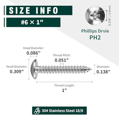 #6 x 1 Truss Head Wood Screw, Phillips Truss Head Self Tapping Sheet Metal Tek Screw, 18-8 Stainless Steel 304, Brgiht Finish, 100 PCS - size: #6 x 1"